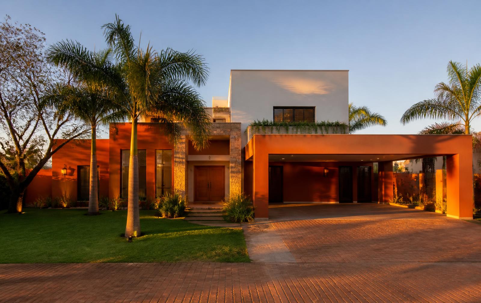 Vivienda residencial paraguaya con jardín al atardecer